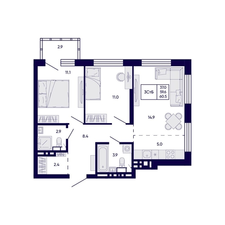 
  Продается 3-комн. квартира 60.5 м², в ЖК Цитатум. Фото 1.