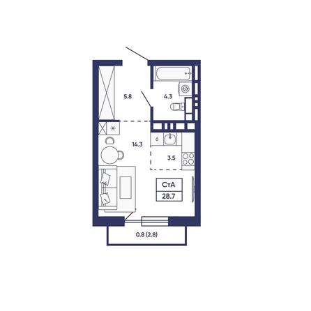 
  Продается студия 28.7 м², в ЖК Сподвижники, дом 2. Фото 1.