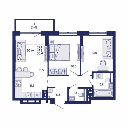 
  Продается 3-комн. квартира 50.4 м², в ЖК Горизонт, дом 2. Фото 1.