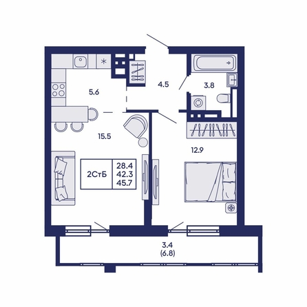 
  Продается 2-комн. квартира 45.7 м², в ЖК Горизонт, дом 2. Фото 1.