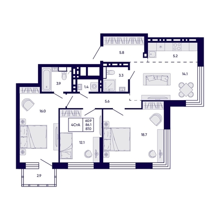 
  Продается 4-комн. квартира 87 м², в ЖК Цитатум. Фото 1.