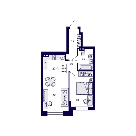 
  Продается 2-комн. квартира 44.6 м², в ЖК Грибоедовский сад. Фото 1.