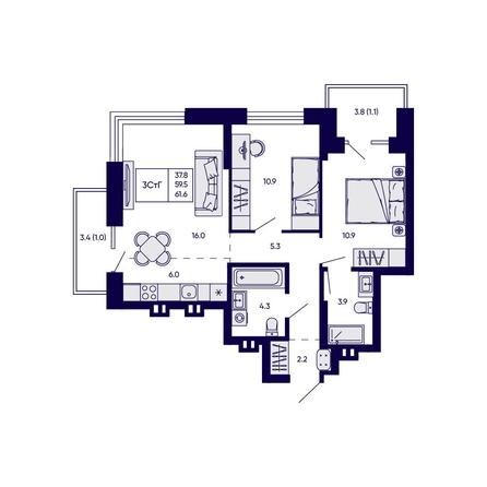 
  Продается 3-комн. квартира 61.6 м², в ЖК Грибоедовский сад. Фото 1.