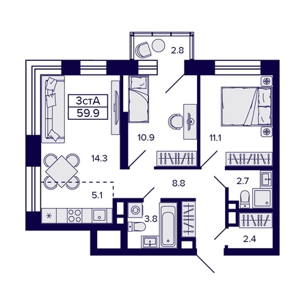 
   Продам 3-комнатную, 59.9 м², Citatum (Цитатум)

. Фото 1.