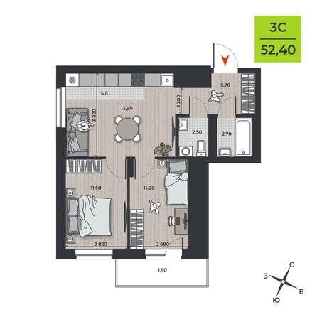 
   Продам 3-комнатную, 52.4 м², ДНК

. Фото 2.