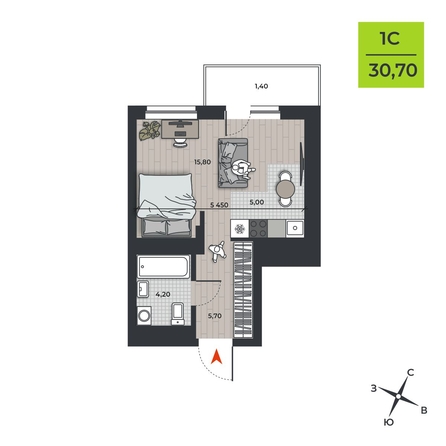 
  Продается студия, 30.7 м², ЖК ДНК
. Фото 1.