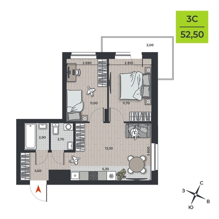 
  Продается 3-комн. квартира, 52.5 м², ЖК ДНК
. Фото 2.