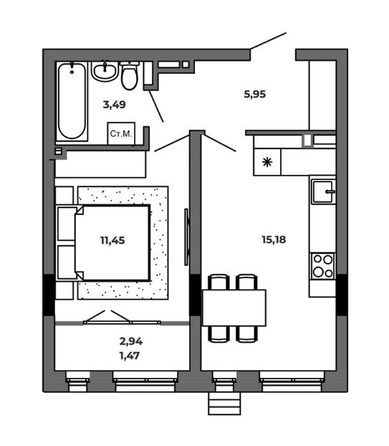 
   Продам 1-комнатную, 37.54 м², Красный Пахарь

. Фото 2.