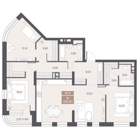 
  Продается 3-комн. квартира 109.3 м², в ЖК ЦЕНТР-ПАРК на Волочаевской. Фото 1.