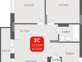 Продается 3-комнатная квартира ЖК Гвардия, 59.15  м², 7393750 рублей