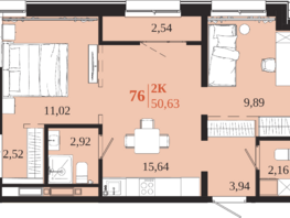 Продается 2-комнатная квартира ЖК 1661, 50.63  м&sup2;, 10834820 рублей