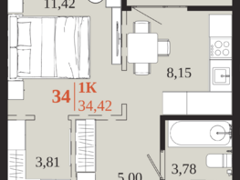 Продается 1-комнатная квартира ЖК 1661, 34.38  м&sup2;, 8096490 рублей