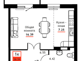 Продается 1-комнатная квартира ЖК Академик, 38.39  м&sup2;, 5355405 рублей