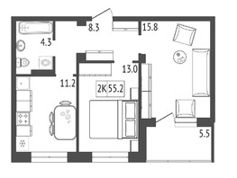 Продается 2-комнатная квартира ЖК Тихие зори, дом Стрелка, корпус 1, 55.2  м², 6573000 рублей