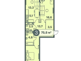 Продается 3-комнатная квартира ЖК Три Клёна, дом 1, 75.8  м², 9475000 рублей