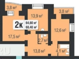 Продается 2-комнатная квартира ЖК Фестиваль, дом 1 1 этап, 64  м², 7200000 рублей