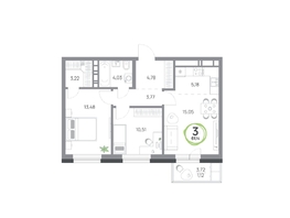 Продается 3-комнатная квартира ЖК Юдинский, дом 1.4, 61.14 м², 7532448 рублей