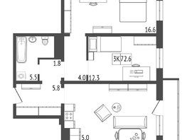 Продается 3-комнатная квартира ЖК КБС. Берег, дом 5 строение 1, 72.6 м², 8900000 рублей