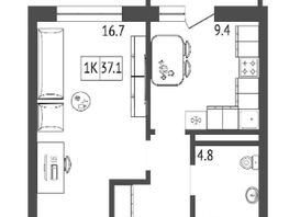 Продается 1-комнатная квартира ЖК Сибирский Двор, дом 4, 37.1  м&sup2;, 4000000 рублей
