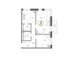 Продается 3-комнатная квартира ЖК Юдинский, дом 1.4, 63.21  м&sup2;, 8925252 рублей