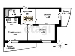 3-комнатная квартира, 86.7 м², 22/25 этаж