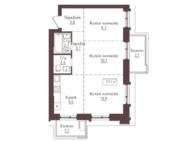 Продается 3-комнатная квартира ЖК Империал, 57.1  м&sup2;, 10278000 рублей