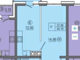 1-комнатная квартира, 38.5 м², 11/15 этаж