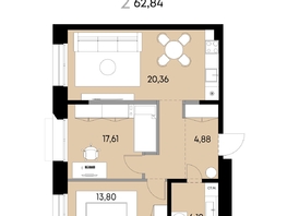 Продается 2-комнатная квартира ЖК ВЕКТОР премиум-квартал, дом 2, 62.84  м&sup2;, 17261000 рублей