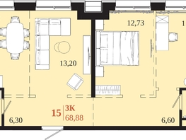 Продается 3-комнатная квартира ЖК 1661, 68.88  м&sup2;, 12742800 рублей