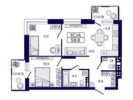 Продается 3-комнатная квартира ЖК Luna (Луна), 58.8 м², 9100000 рублей