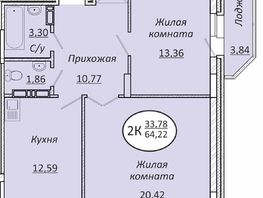 Продается 2-комнатная квартира ЖК Пролетарский, 64.22  м², 8091720 рублей