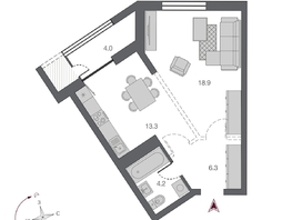 Продается 1-комнатная квартира ЖК Беринг, дом 2, 46.7 м², 8968400 рублей