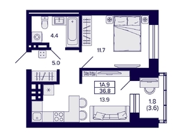 Продается 1-комнатная квартира ЖК Сподвижники, 36.8 м², 4900000 рублей