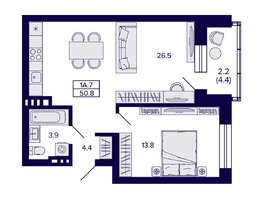 Продается 1-комнатная квартира ЖК Сподвижники, 50.8  м², 6500000 рублей