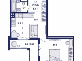 Продается 2-комнатная квартира ЖК Gorizont (Горизонт), дом 2, 43.5  м², 6150000 рублей