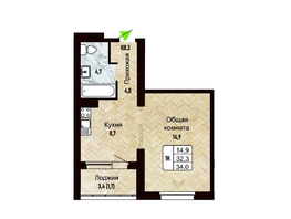 Продается 1-комнатная квартира ЖК Новый горизонт, дом 4, 34  м², 4700000 рублей