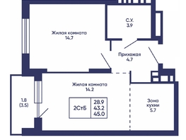 Продается 2-комнатная квартира ЖК Сподвижники, дом 3, 45  м&sup2;, 6150000 рублей