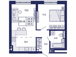 Продается 2-комнатная квартира ЖК Горизонт, дом 2, 38.5  м&sup2;, 6400000 рублей