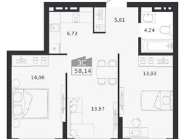 Продается 3-комнатная квартира ЖК Ясный берег, дом 20, 58.14  м&sup2;, 10470000 рублей