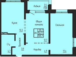 Продается 2-комнатная квартира ЖК Акварельный 4.0, 58.7  м&sup2;, 6300000 рублей