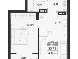Продается 2-комнатная квартира ЖК Ясный берег, дом 19, бс 2-5, 43.09  м&sup2;, 8465000 рублей