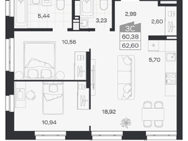 Продается 3-комнатная квартира ЖК Квартал 54, дом 1, 60.38  м&sup2;, 8766000 рублей