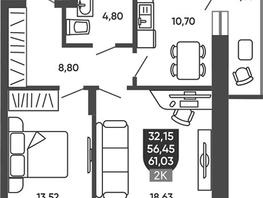 Продается 2-комнатная квартира ЖК Ермак, 57.37  м&sup2;, 7400000 рублей