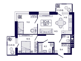 Продается 3-комнатная квартира ЖК Луна, 58.7  м&sup2;, 9300000 рублей