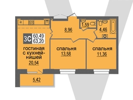 3-комнатная квартира, 63.2 м², 16/17 этаж