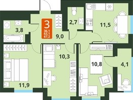 Продается 3-комнатная квартира ЖК Тайгинский парк, дом 4, 63.1  м², 8200000 рублей