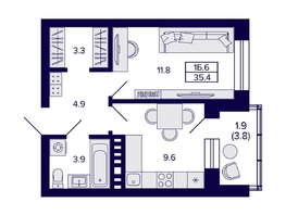 Продается 1-комнатная квартира ЖК Сподвижники, 35.4  м², 4930000 рублей