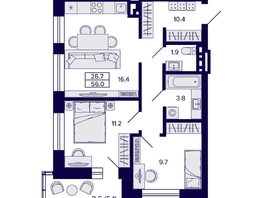 Продается 2-комнатная квартира ЖК Сподвижники, 56  м², 6450000 рублей