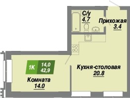 Продается 1-комнатная квартира ЖК Калининский квартал, дом 2, 42.9  м², 7078500 рублей