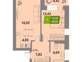 Продается 1-комнатная квартира ЖК Бирюзовая жемчужина-2, 48.8  м², 7481040 рублей